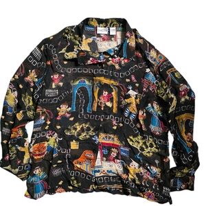 Vintage Chico's Design 100% Silk Blouse Asian Novelty Village Print Size 2 L